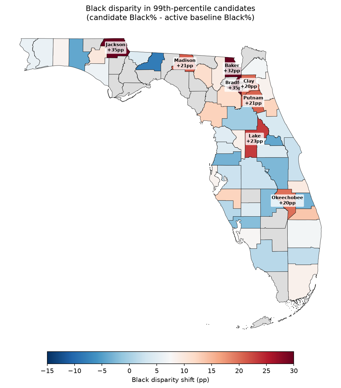Choropleth map of Florida shading each county by Black disparity among flagged cases, the deepest reds concentrated in the rural panhandle and north-central counties